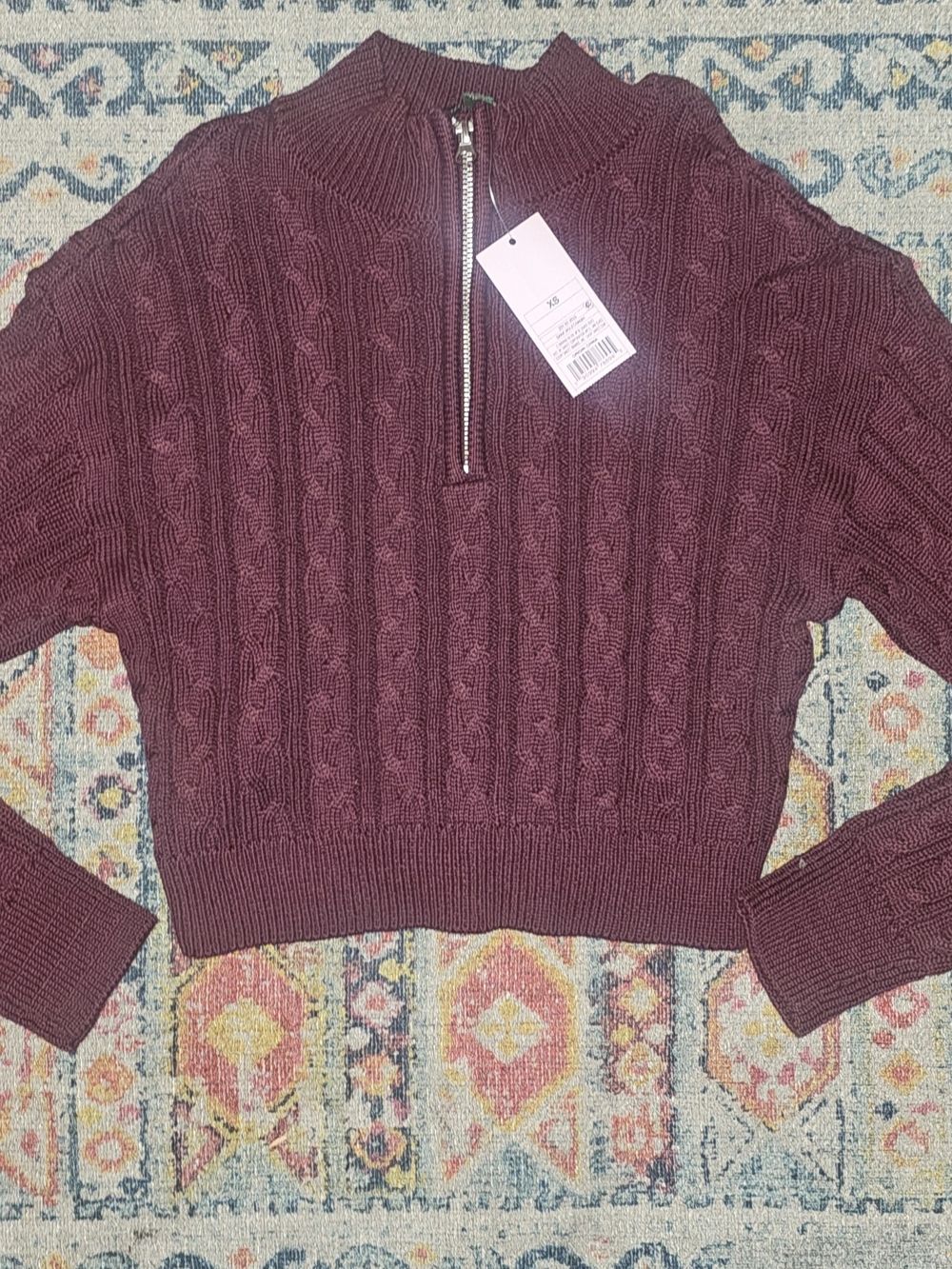 wild fable Cropped Cable-Knit Half-Zip Turtleneck Sweater - Burgundy